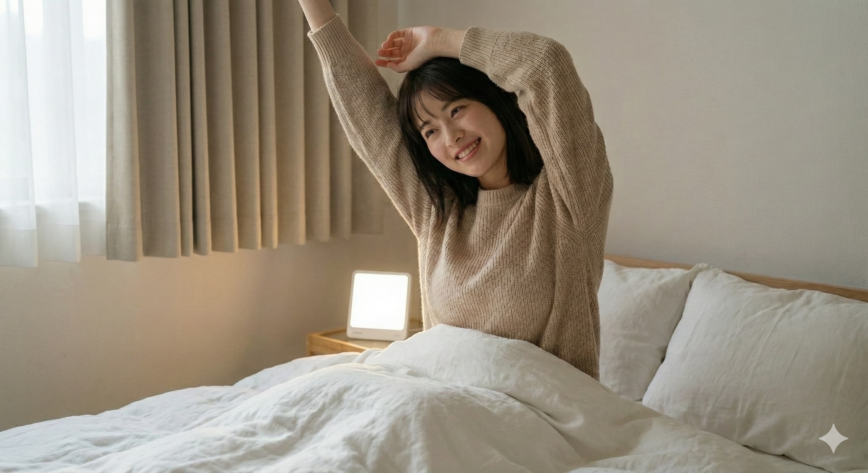 トトノエライトプレーンを使用しすっきりと目覚めている女性のイメージ画像